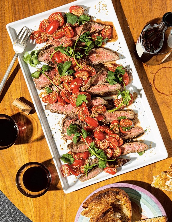 Salt & pepper flank steak with quick tomato shallot kimchi