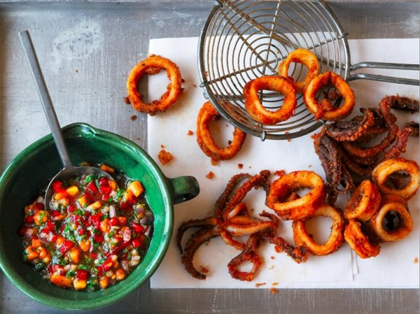 Salt & pepper squid with papaya, chilli & coriander salsa