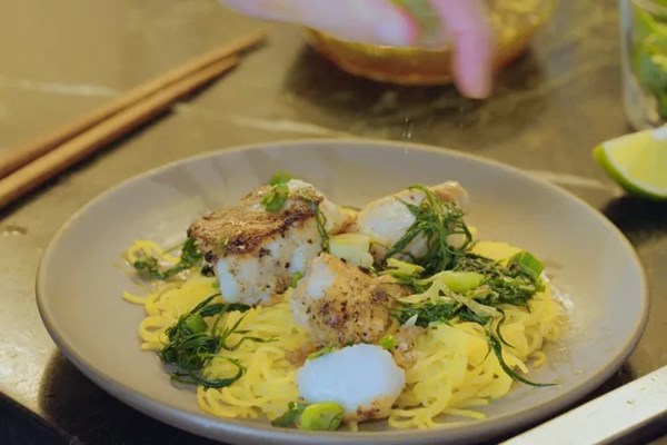 Salt-and-pepper cod with turmeric noodles