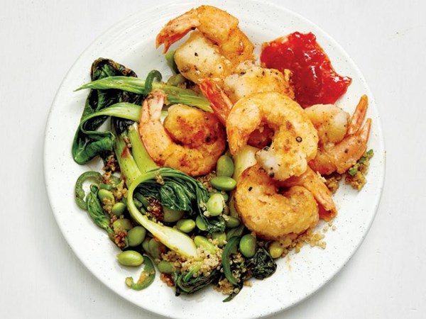 Salt and pepper shrimp with quinoa and bok choy