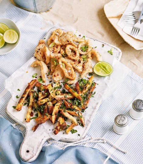 Salt and pepper squid with herb and garlic salt chips