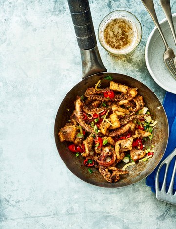 Salt and pepper squid with chilli and spring onions