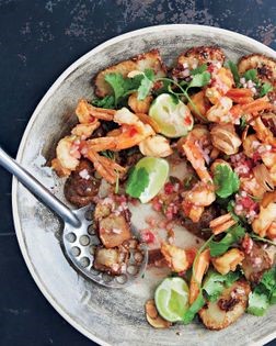 Salt and Sichuan pepper prawns, miso-roast Jerusalem artichokes, crispy garlic and umeboshi dressing