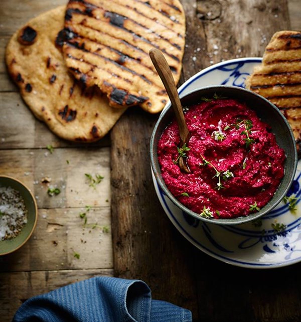 Salt-baked beetroot houmous with spelt flatbreads