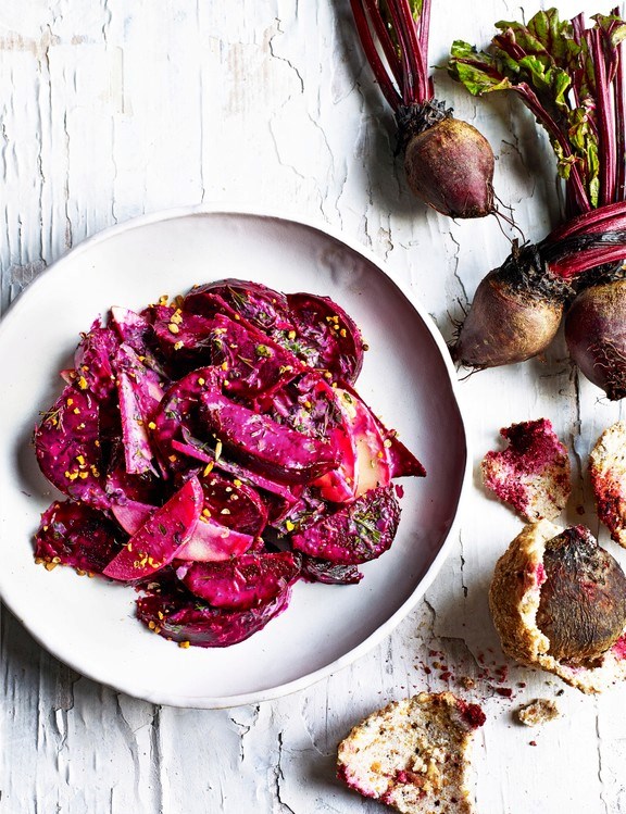 Salt-baked beetroot with herby yogurt dressing
