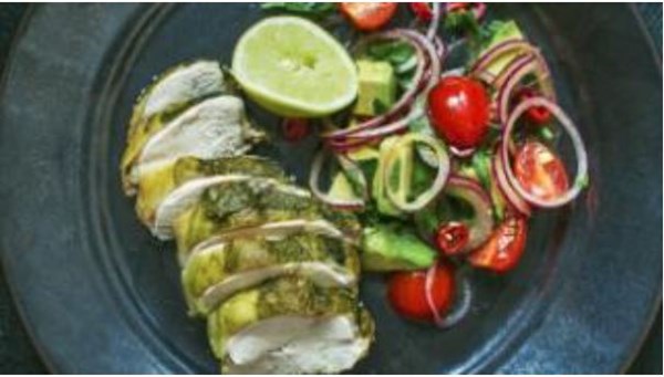 Salt-baked chicken breast with guacamole salad