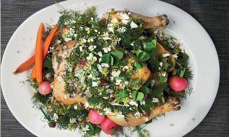 Salt-baked chicken, wild herbs, flowers and summer vegetables