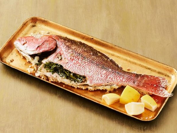 Salt-baked fish with lemon-olive relish