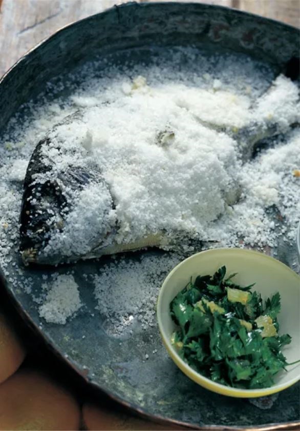 Salt-baked fish with lemon and parsley salad