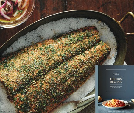Salt-baked herbed salmon with red onion-caper vinaigrette [Cory Schreiber]