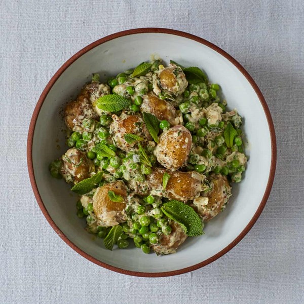 Salt-baked Jersey Royals with peas, mint and mustard