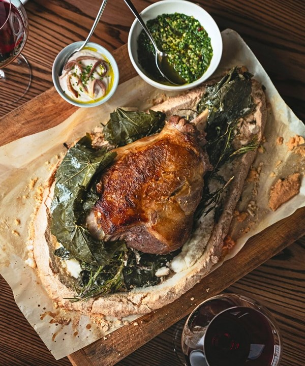 Salt-baked lamb leg with salsa verde & anchovy sauce [Casey McDonald]