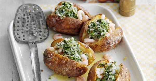 Salt-baked potatoes with prawns and jalapeño and coriander butter