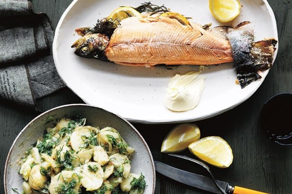 Salt-baked rainbow trout with chicken-stock potatoes