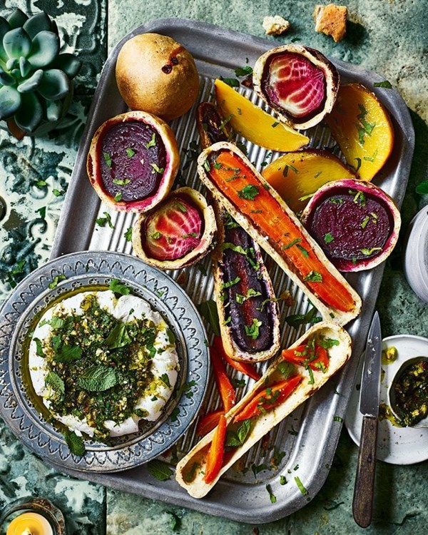 Salt-baked root vegetables with labneh