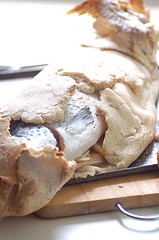 Salt baked salmon with pine nut tarator