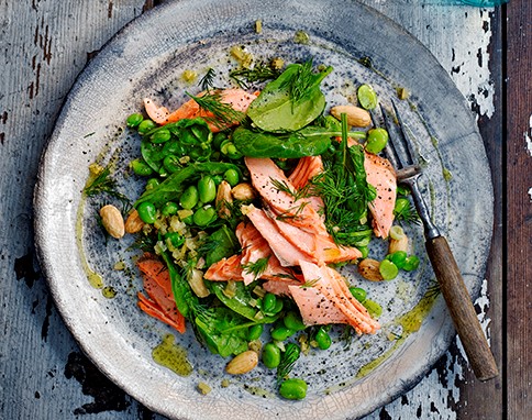 Salt-baked sea trout with almond & broad bean salad