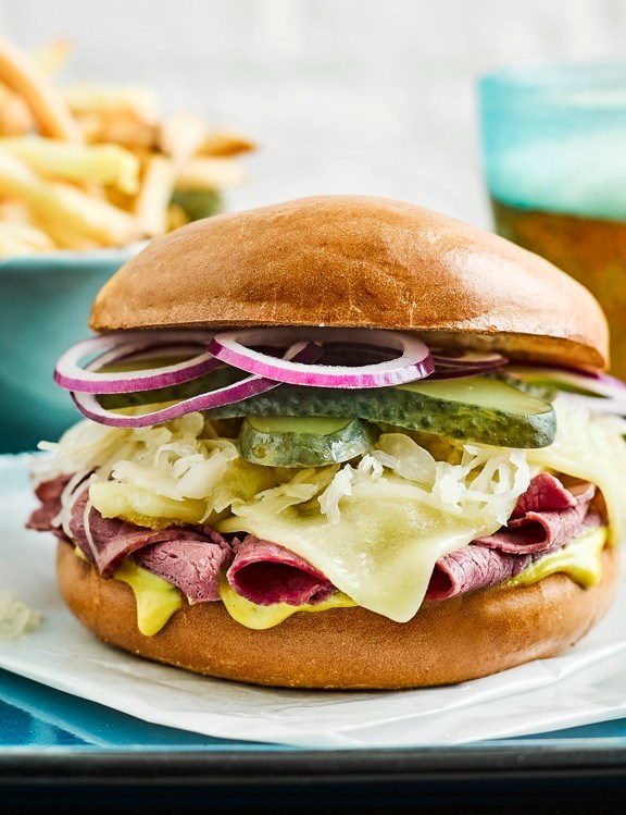 Salt beef and Swiss bagel melts