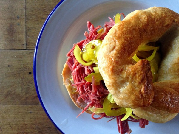 Salt beef, bagels and sweet cucumber pickle