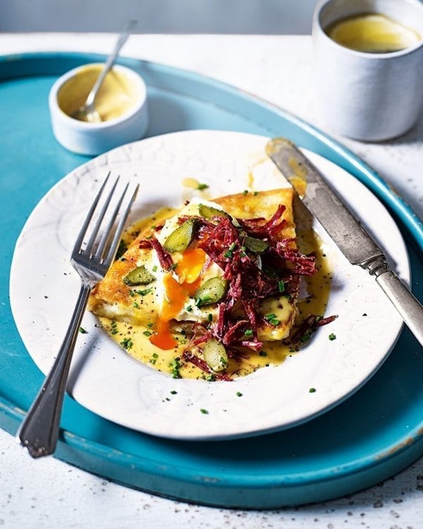Salt beef eggs Benedict with potato farls and mustard Hollandaise