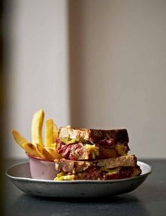 Salt beef on sourdough with cucumber pickles & mustard mayo