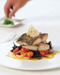 Salt-broiled Spanish mackerel with heirloom tomatoes, hijiki, and sweet onion