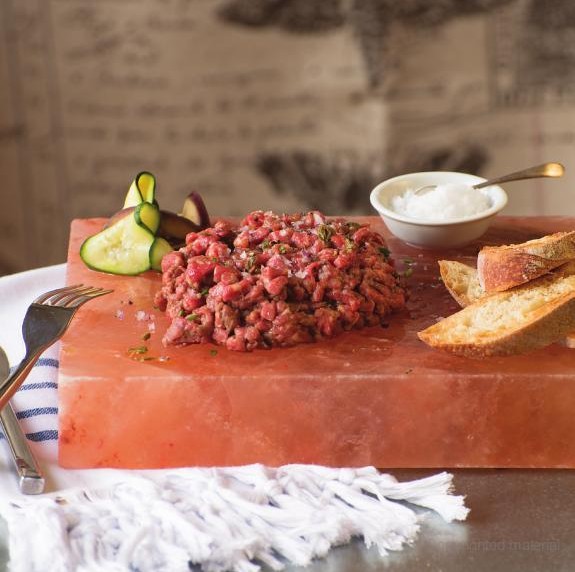 Salt-chopped tenderloin tartare with quick-cured vegetable pickles