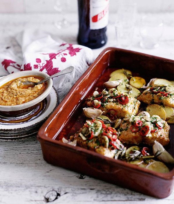 Salt cod a la llauna with rosemary potatoes and romesco (Bacalao a la llauna, patatas con romero y romesco) [Javier Codina]