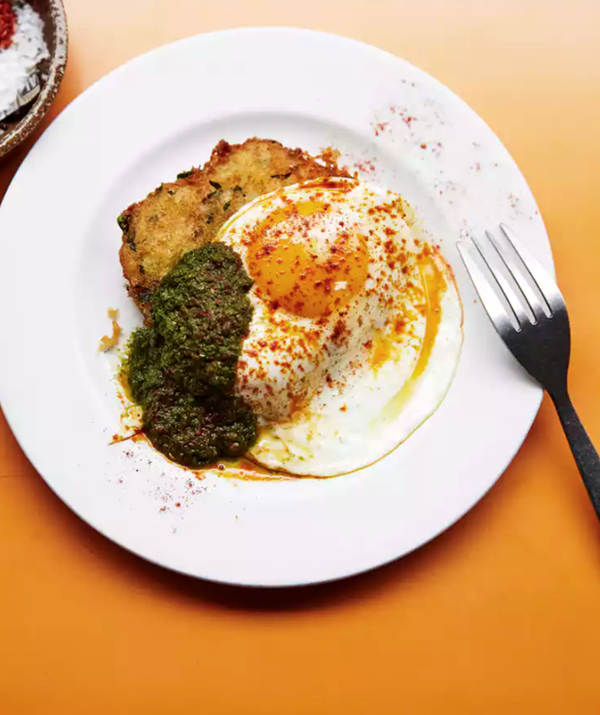 Salt cod cake, fried eggs and avocado mojo
