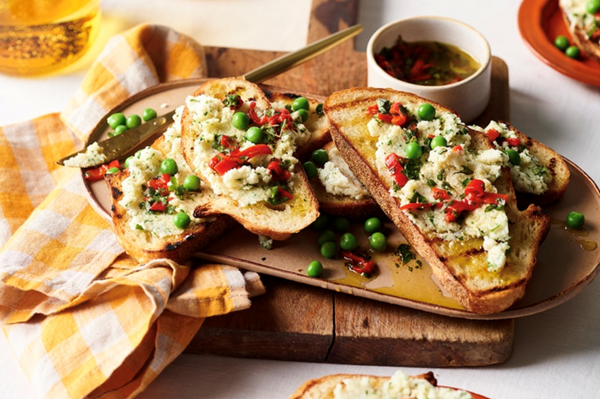 Salt cod crostini with marinated roast chilli