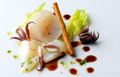 Salt cod poached in olive oil with langoustine cigars and hermitage jus