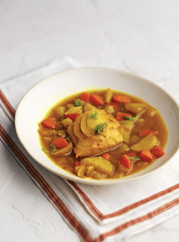 Salt cod stew with fingerling potatoes and fennel
