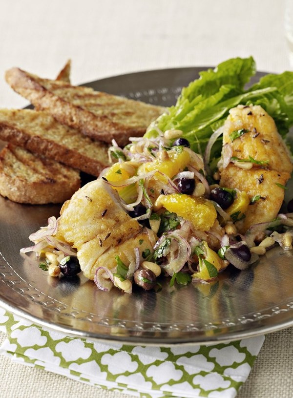Salt cod with orange and pine nut salad