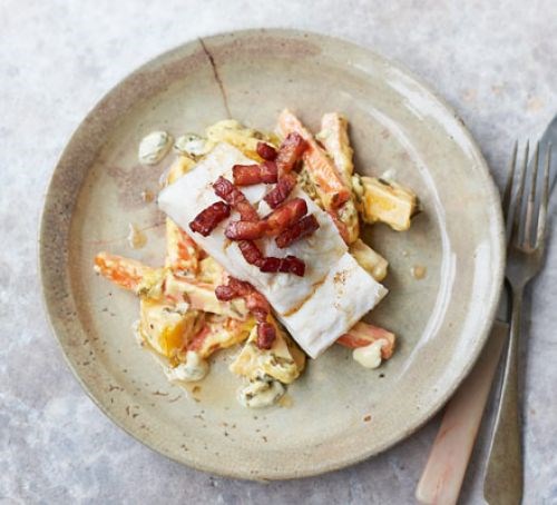 Salt cod with root vegetables, cream and bacon