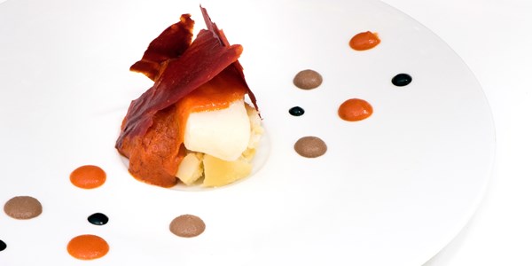 Salt cod with tomato, olive cream and potato (Ligurian cod)