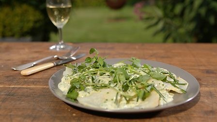 Salt crust dough-baked celeriac with crème fraîche and chive dressing