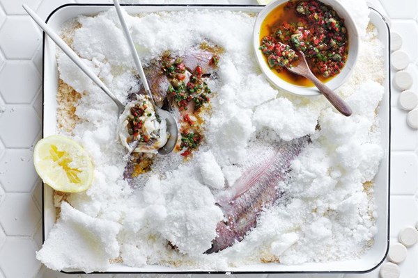 Salt-crust snapper with salpicon