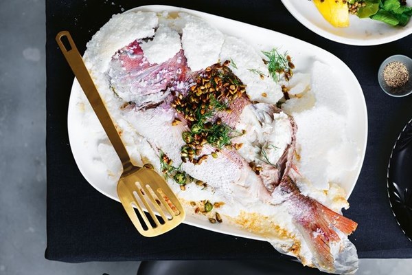 Salt-crust whole snapper