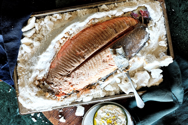 Salt-crusted ocean trout with tartare sauce