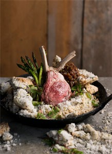 Salt-crusted rack of lamb + tomato conserve + asparagus + potato and new onion puree