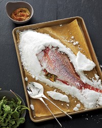 Salt-crusted snapper with eggplant-raisin puree