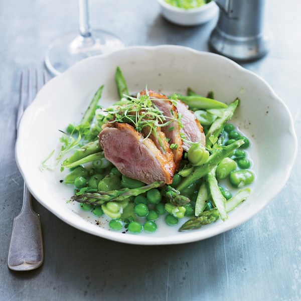 Salt-cured duck breasts with fava beans & sweet peas [Anne Quatrano]