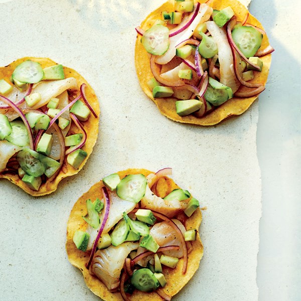 Salt-cured sea bass tostadas (Callo de lobina)