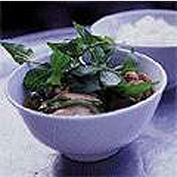 Salt fish and spring onion broth with lemon basil