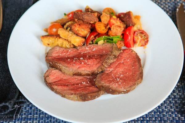 Salt-packed cold roast beef with bread crumb salsa