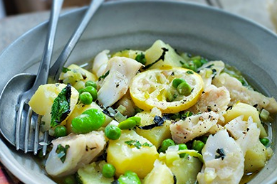 Salt pollock with peas, broad beans, potatoes and mint