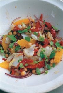 Salt pollock with peppers, oranges & chickpeas