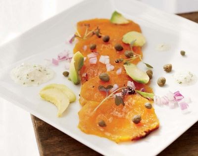 Salt-roasted golden beets with dill, avocado, capers, and red onions