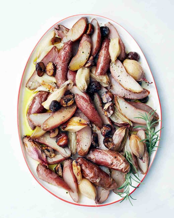 Salt-roasted potatoes, shallots, and chestnuts