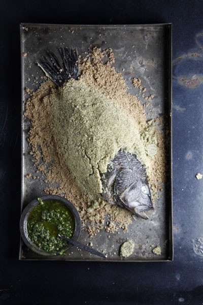 Salt-roasted sea bass with celery salsa verde